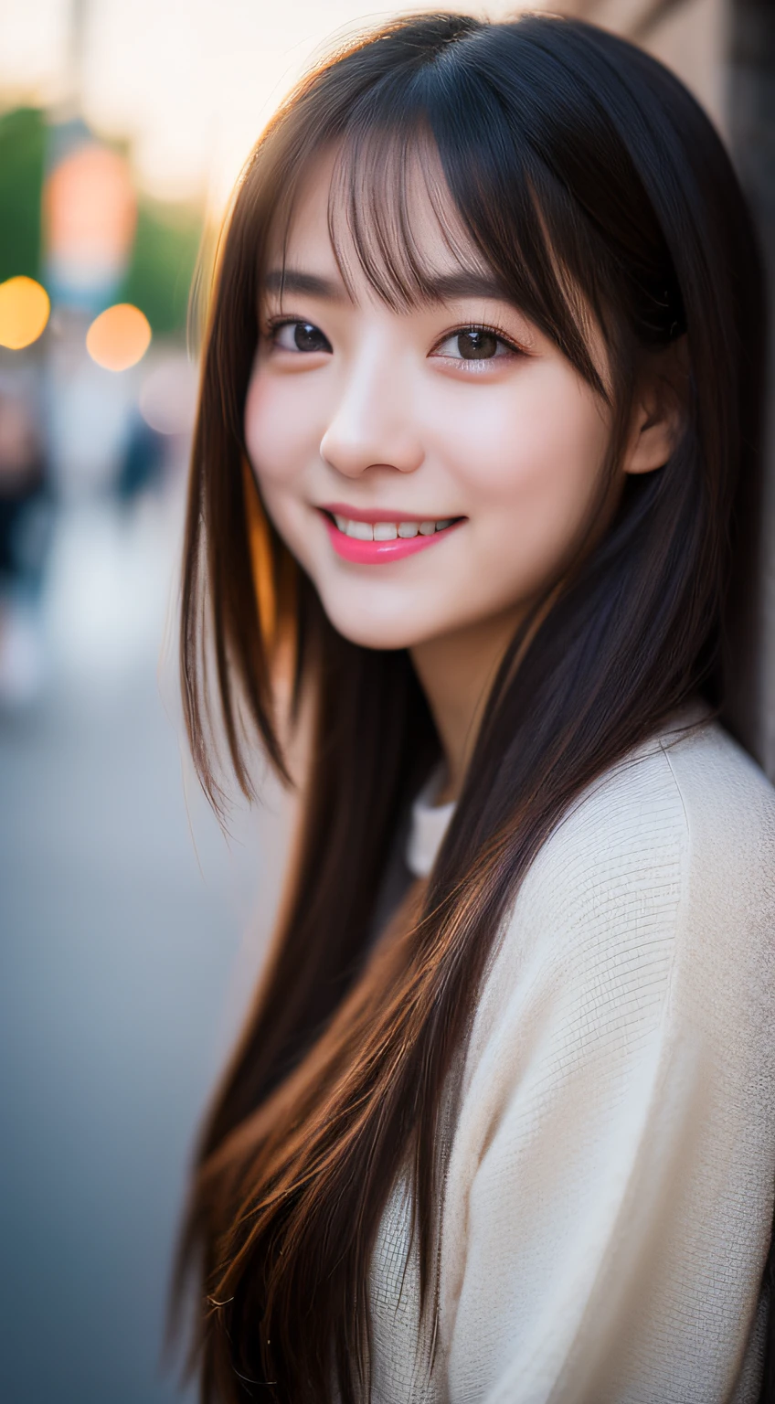 ​masterpiece, top-quality, Raw foto, Photorealsitic、full body Esbian、 beautiful a girl, cute little, shorth hair, depth of fields, hight resolution, ultra-detailliert, finely detail, ighly detailed, extremely detailed eye and face, Sharp pupils, Realistic pupils, foco nítido, Cinematic lighting、small 、In the street、Casual wear、A smile