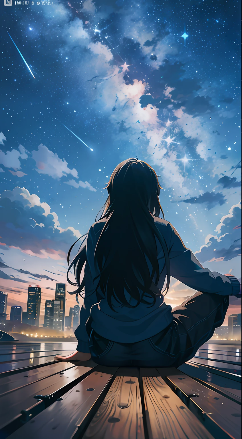 Anime girl sitting on a dock looking out over town at night, Makoto ...