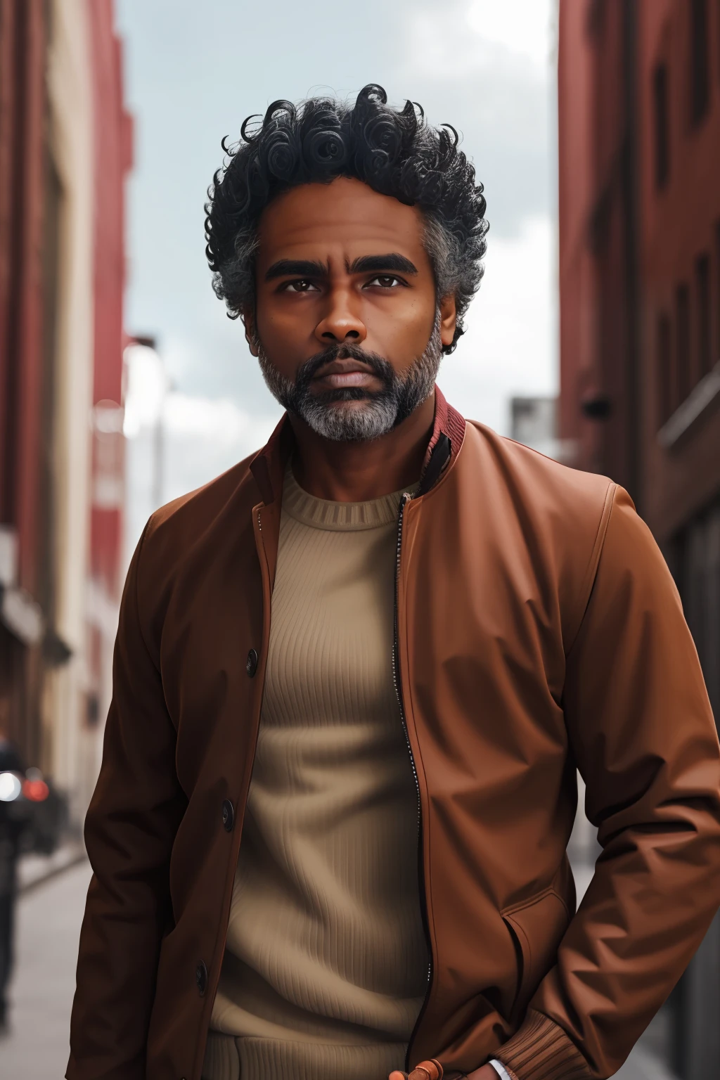 model shoot style photo of brown man, short wavy hair, in brown jacket and white sweater, looks at camera, ƒ/2.4, 7.9mm, 1/850, ISO 50