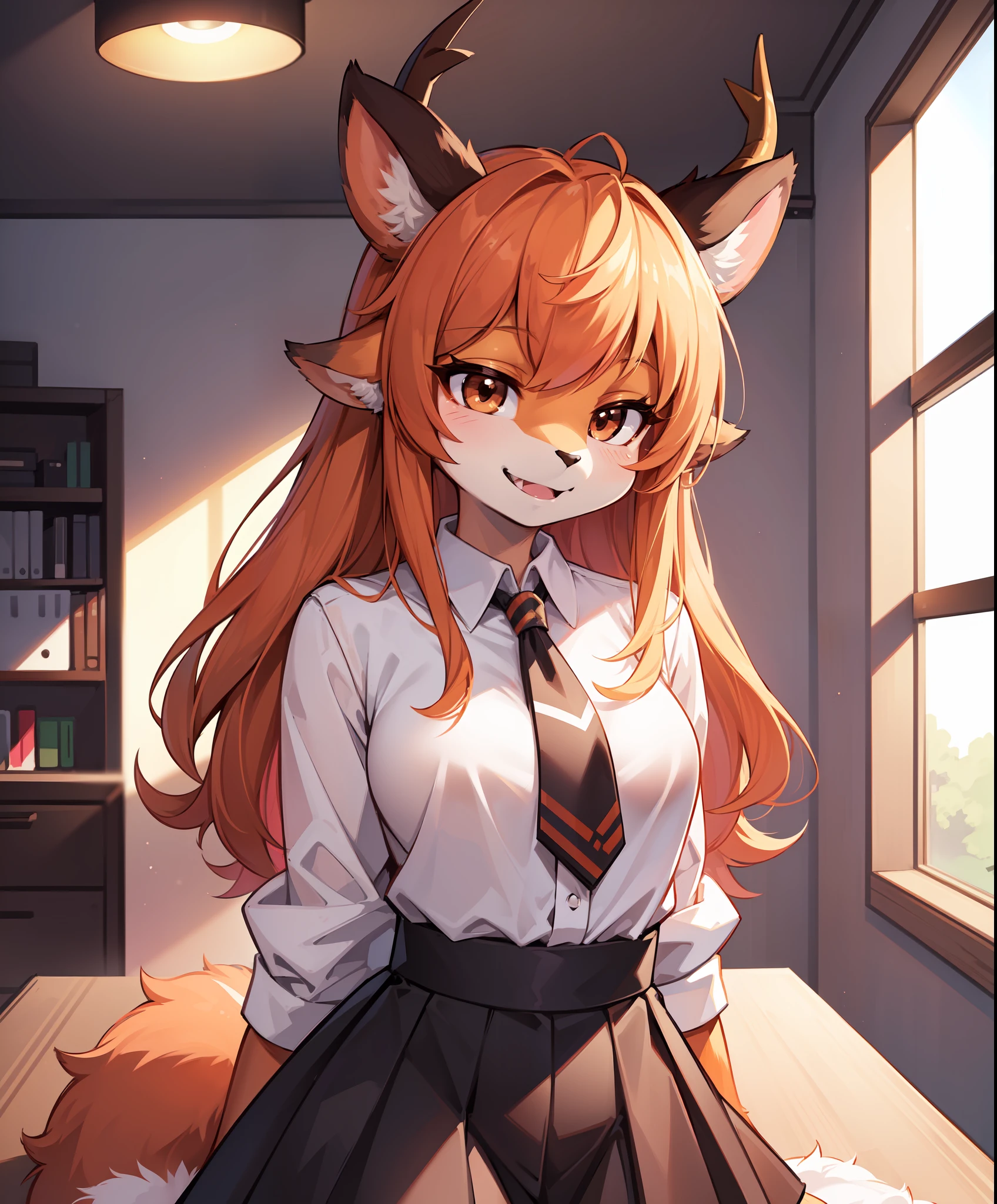 1girl, (anthro furry:1.2), TsunodaCzar, (two-toned fur, orange fur, black eyes, deer ears, horns, snout), (pink blouse, black skirt, smiling), (interior, office), (masterpiece:1.2), hires, ultra-high resolution, 8K, high quality, (sharp focus:1.2), clean, crisp, cinematic,