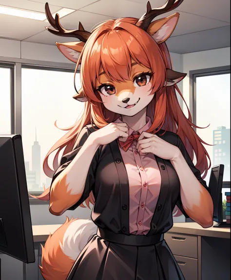 1girl, (anthro furry:1.2), TsunodaCzar, (two-toned fur, orange fur, black eyes, deer ears, horns, snout), (pink blouse, black sk...