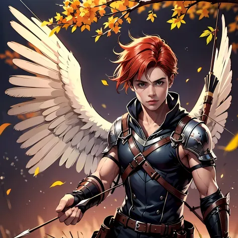 a 14-year-old boy with a bow and arrow has red hair and wings