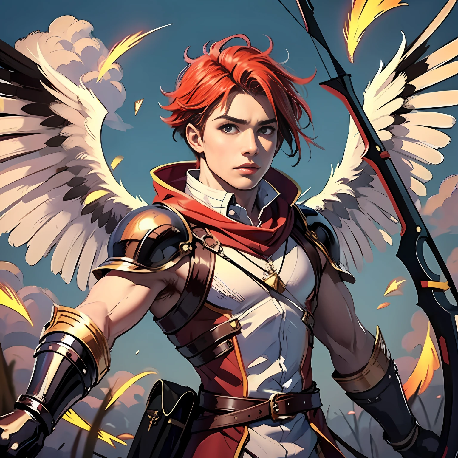 A 14-year-old boy with a bow and arrow has red hair and wings