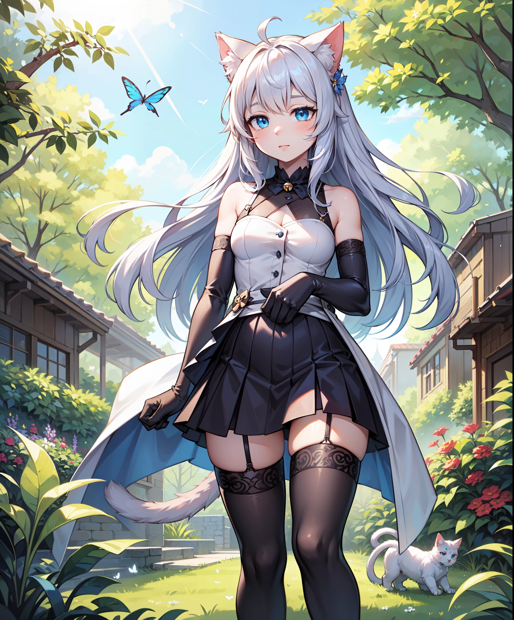original, (masterpiece), (illustration), (extremely fine and beautiful), perfect detailed, photorealistic, (beautiful and clear background:1.25), (depth of field:0.7), (1 cute girl with (cat ear and cat tail:1.2) stands in the garden:1.1), (cute:1.35), (detailed beautiful eyes:1.3), (beautiful face:1.3), casual, silver hair, silver ear, (blue hair:0.8), (blue ear:0.8), long hair, coat, short skirt, hair blowing with the wind, (blue eye:1.2), flowers, (little girl:0.65), butterflys flying around  illyabeast cosplay, cat ears, animal hands, paw gloves, elbow gloves, hair bell, black thighhighs, ribbon, paw shoes, (yuri),