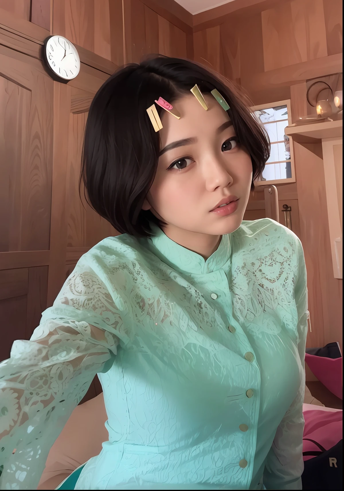 there is a woman with a green shirt and a clock in the background, dang my linh, nivanh chanthara, in style of lam manh, nuttavut baiphowongse, south east asian with round face, young cute wan asian face, potrait, ruan cute vtuber, with lovely look, with short hair, big boobs