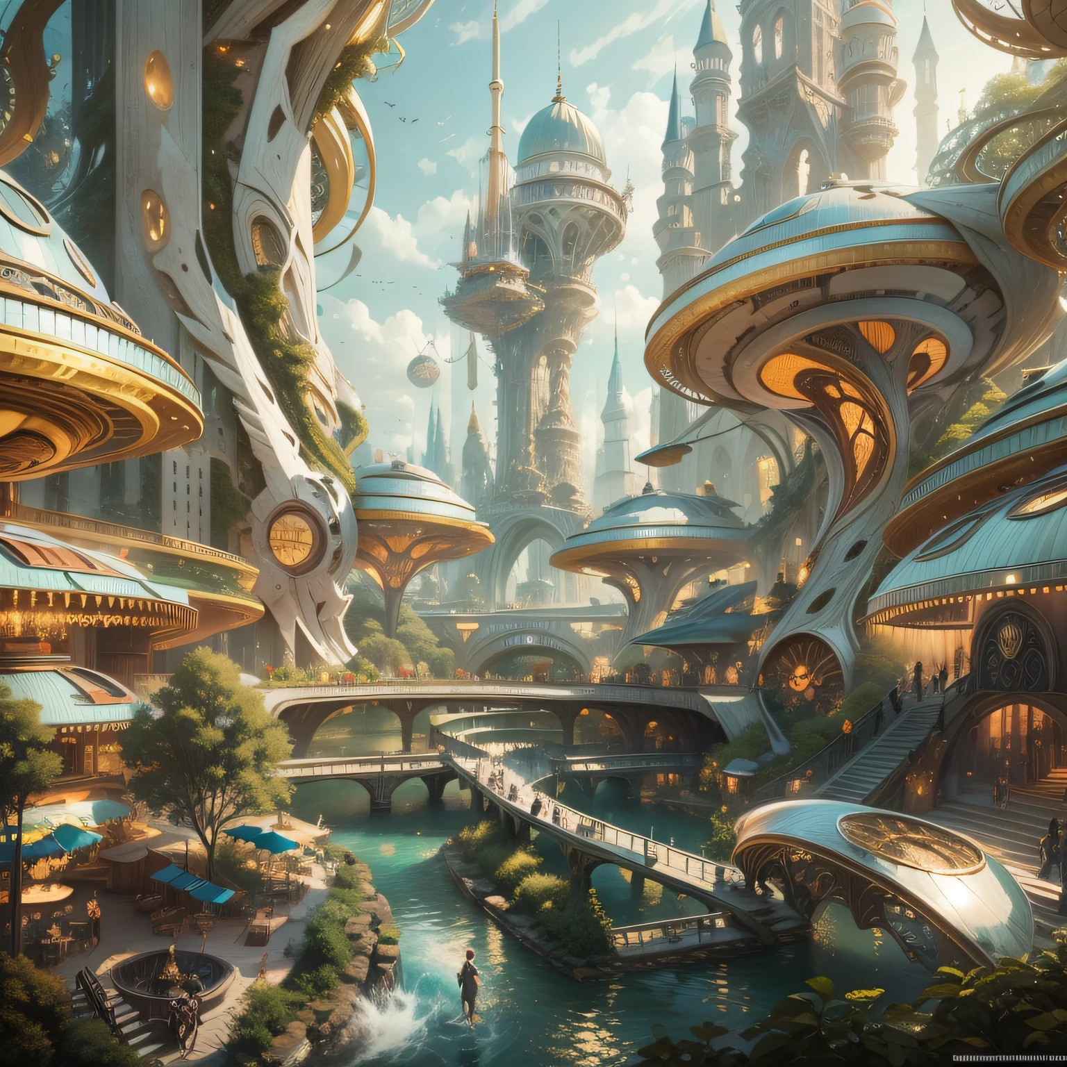 ein futuristisches Stadtbild namens Tomorrowland, mit beeindruckenden, verträumten Designgebäuden, in denen es viel Silber gibt , Gold und Bronze, und ein Cyborg, der durch seine Straßen läuft.