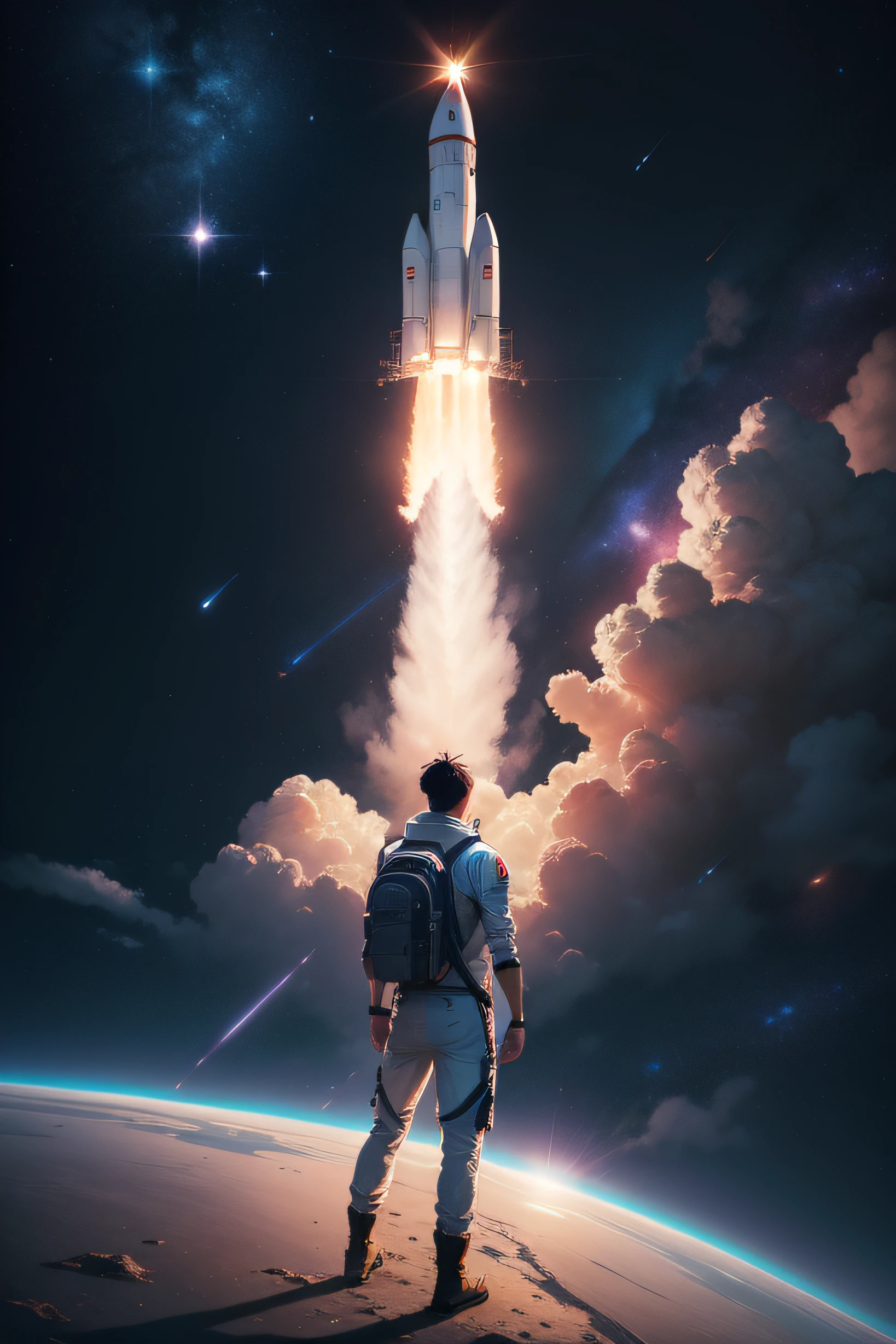 a man looking at a rocket in space, wallpaper 4k, estilo anime, anime art wallpaper 4k