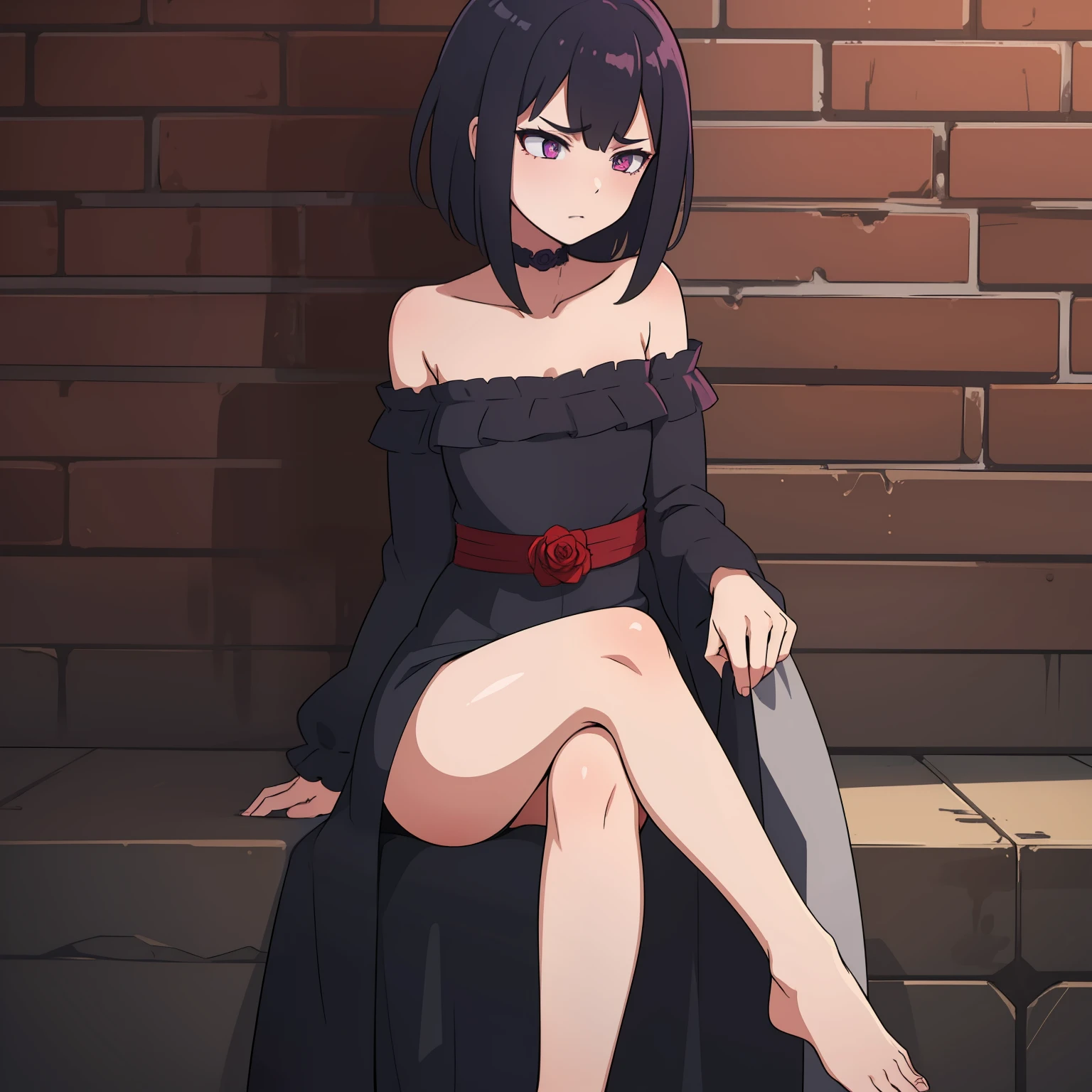 (1 girl) Dark short shoulder-length hair, Emotionless face, quiet look. Little red rose in hair, dark purple eyes, bare feet, Dark gothic outfit. Sitting on a horrible dark throne against the backdrop of a gloomy brick wall