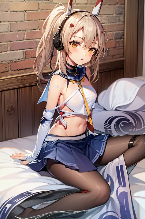 1girl, blonde hair, azur lane ayanami, ayanami's face, small blue skirt with withe line, sit on bed , cute, small abdomen, small...