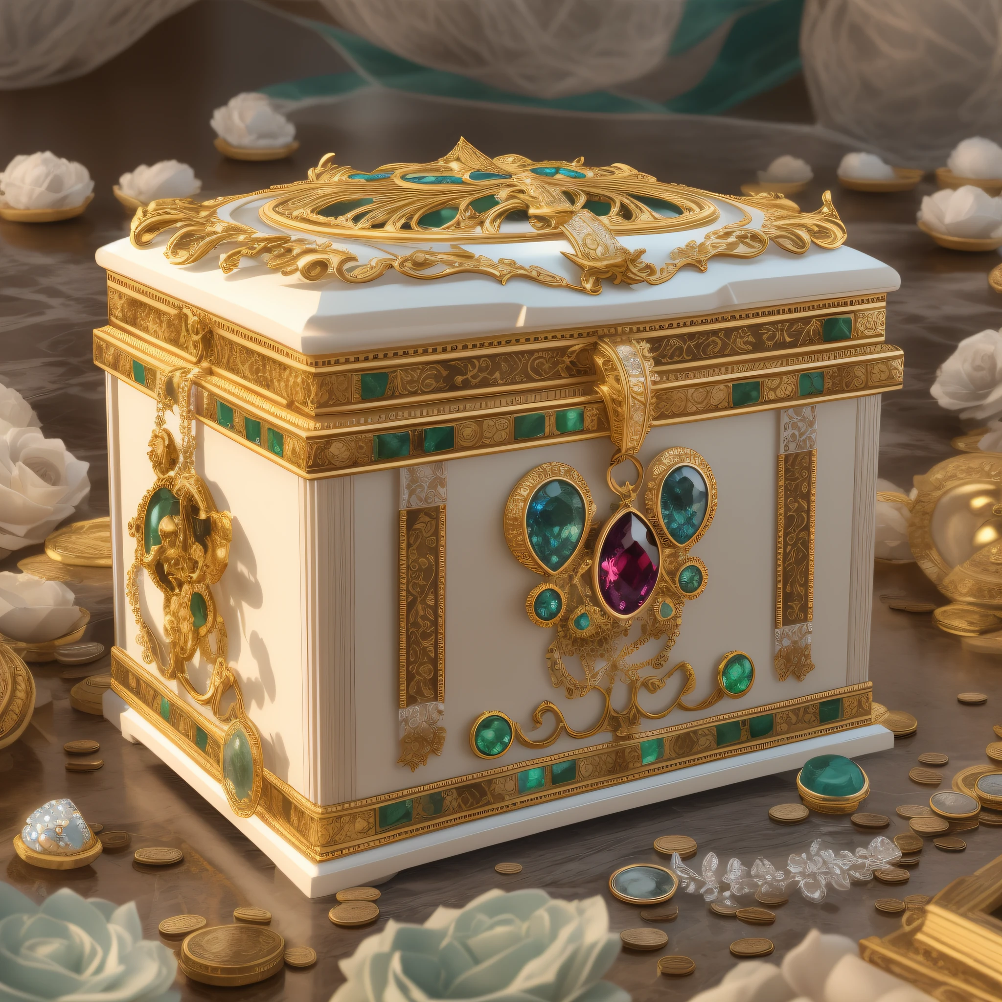 3D image of a beautiful jewelry box in pure ivory with decoration in golden filigree, shiny, symmetrical, with its interior full of luxurious pieces: golden skull, scepter studded with precious stones, many gold chains, many coins, jade figurines and onyx, diamond gems, rubies, emeralds, jadeite, painite, serendibite, taaffeite, alexandrite, tourmaline, musgravite. trending in the artstation, sharp focus, studio shot, intricate details, highly detailed, perfect composition, beautiful and detailed intricately detailed rendering insanely detailed octane, fine art photography, photorealistic concept art, perfect light soft natural volumetric cinematics, chiaroscuro, award winning photography, masterpiece, vray tracing, hdr, 32k