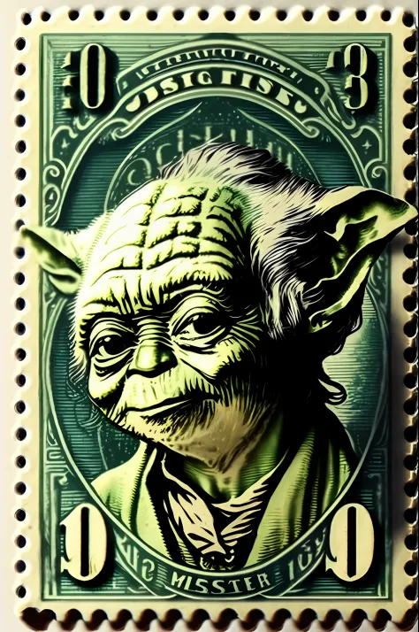 vintage Postage Stamp, 0.01 MATIC price stamp, Master Yoda using the force, green ink, line engraving, intaglio