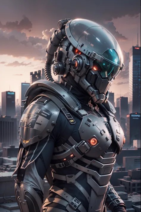 A highly technological and advanced alien soldier in an apocalyptic city