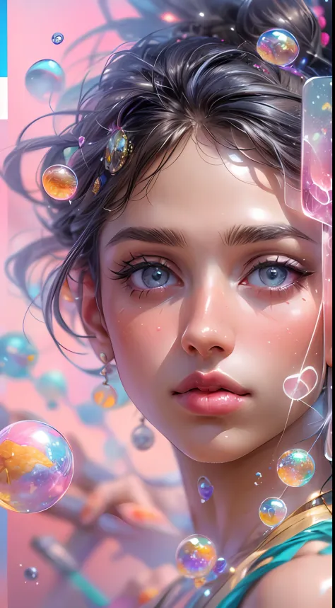 ((masterpiece)). This artwork is sweet, dreamy and ethereal, with soft pink watercolor hues and candy accents. Generate a delicate and demure fae exploring a (bubblegum world with a wide variety of pastel shades). Her sweet face is extremely detailed and r...