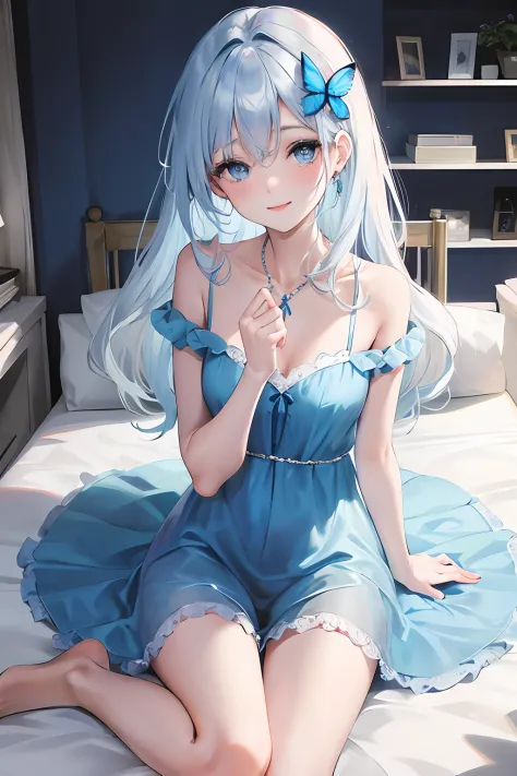 Glowing blue butterfly，Blue sexy nightdress，1girll，blue color eyes，long  white hair，indoor room，Squat on the bed with your legs open，The reveal panties，looking toward the viewer， Blush, Smile, cheerfulness, Masterpiece, Best quality, There is a gemstone ne...