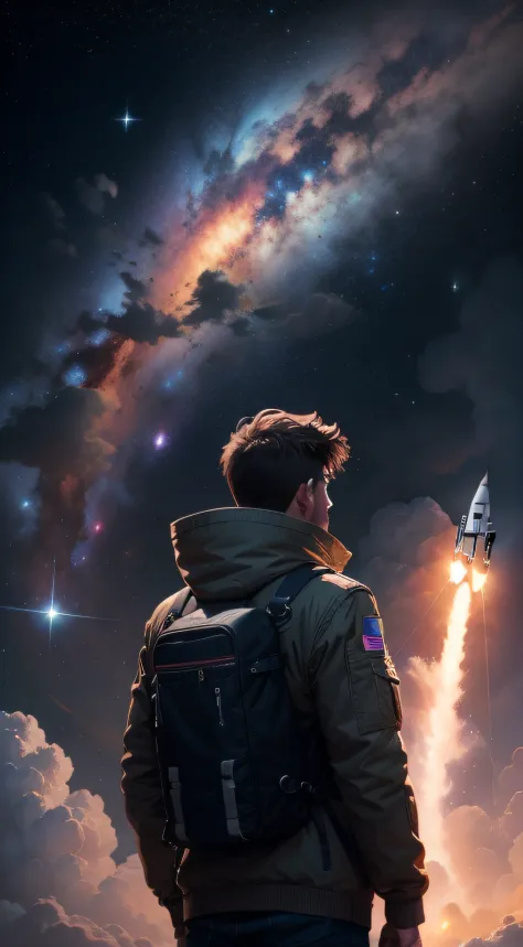 a man looking at a rocket passing horizontally in space, Papel de parede 4k, Estilo anime, Anime Art Wallpaper 4K, galaxy, no visible face