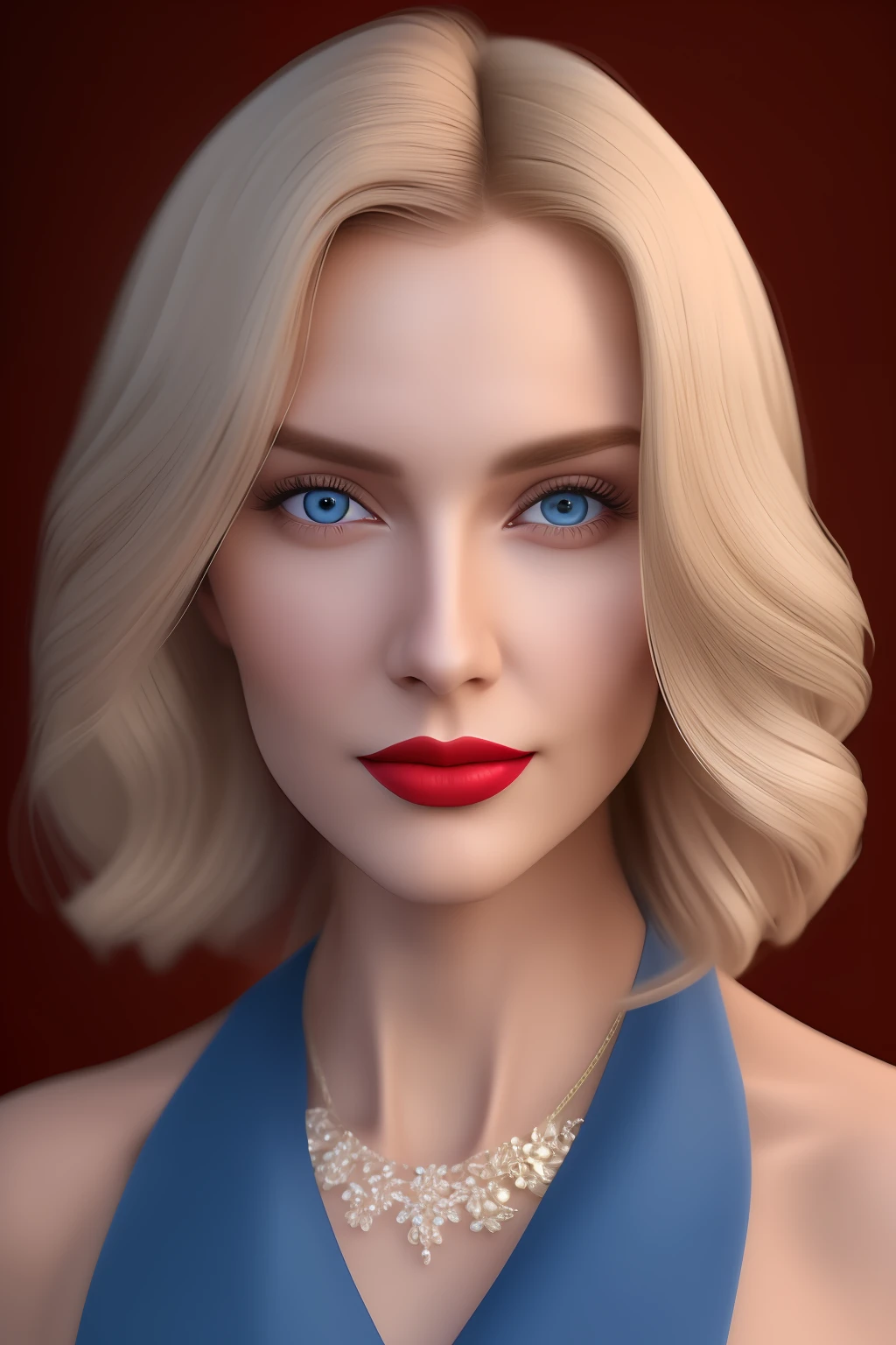 realistic light, ultra detailed image, perfect blonde, highly detailed and rich woman, very feminine, in a ballad, actress, tiktoker, beautiful simple necklace, beautiful, super realistic, dark red lipstick, hair back, facing forward, blue eyes, pretty, perfect face, no wrinkles, bright face, makeup, red lipstick, smooth skin, portrait painting, rosy cheeks, top model, painting hyper-detailed, head-only portrait, detailed, composite portrait, looking at camera, blurred, 16k, 3d rendering, octane rendering, intricate detail, 8k post-production, high resolution, incredibly realistic and detailed expressions, 8k UHD, artwork raw material, ultra fine details,