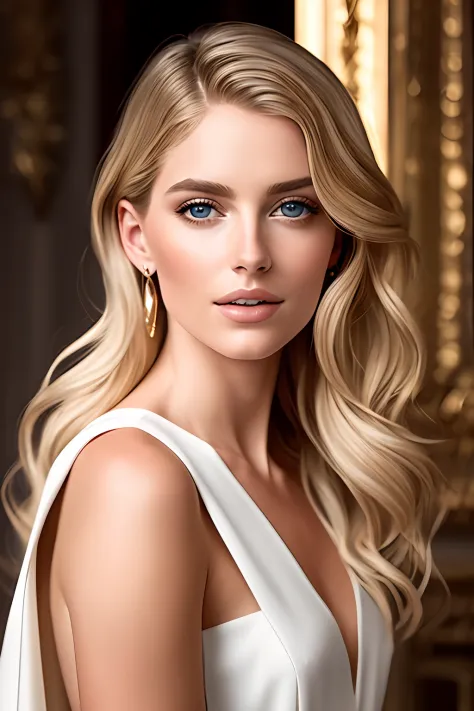 a stunning blonde woman gazes into the distance with her piercing blue eyes, surrounded by a dreamlike atmosphere. the image sho...