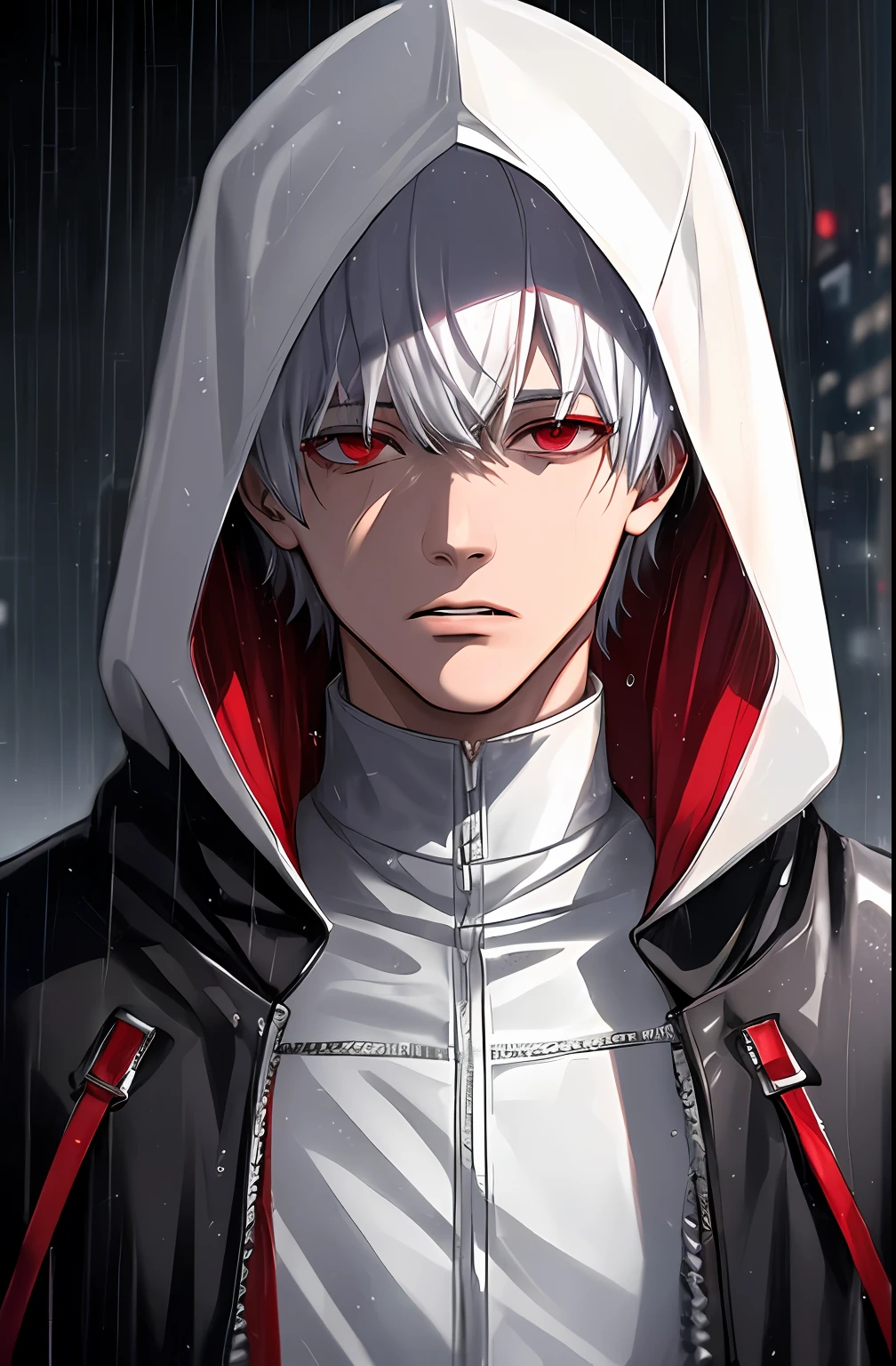 kk, best quality, more details, masterpiece, 1boy, kaneki ken, portrait, male focus, red eyes, solo, bangs, looking at viewer, hood, short hair, rain, tokyo tokyo \(city\),  hood up, nail polish, white hair, luxurious, 8k, detailed, ray tracing, depth of field, cinematic lighting,