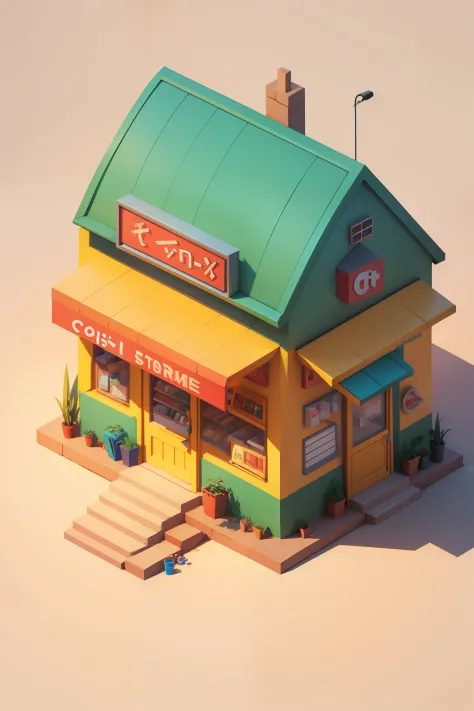 "isometric cartoon store with vibrant colors and lively characters"