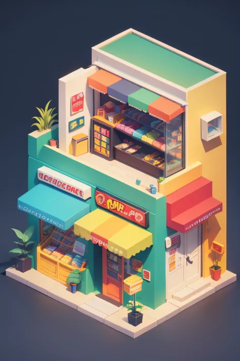 "isometric cartoon store with vibrant colors and lively characters"