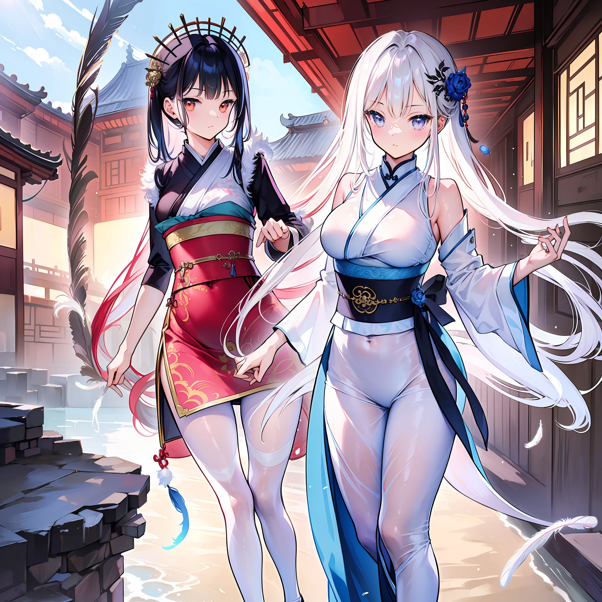 ((Masterpiece, Best quality)), 1girll, ((Mature female)), (Big breasts), The long-haired, Floating hair, hair adornments, (Hanfu), ((Clothes made of feathers)), (Summer), (Dragon girl), Sunlight, (Detailed light), lighting, (Colorful), view the viewer, Chinese style architectural background, Special features,(full bloom), (Shine)