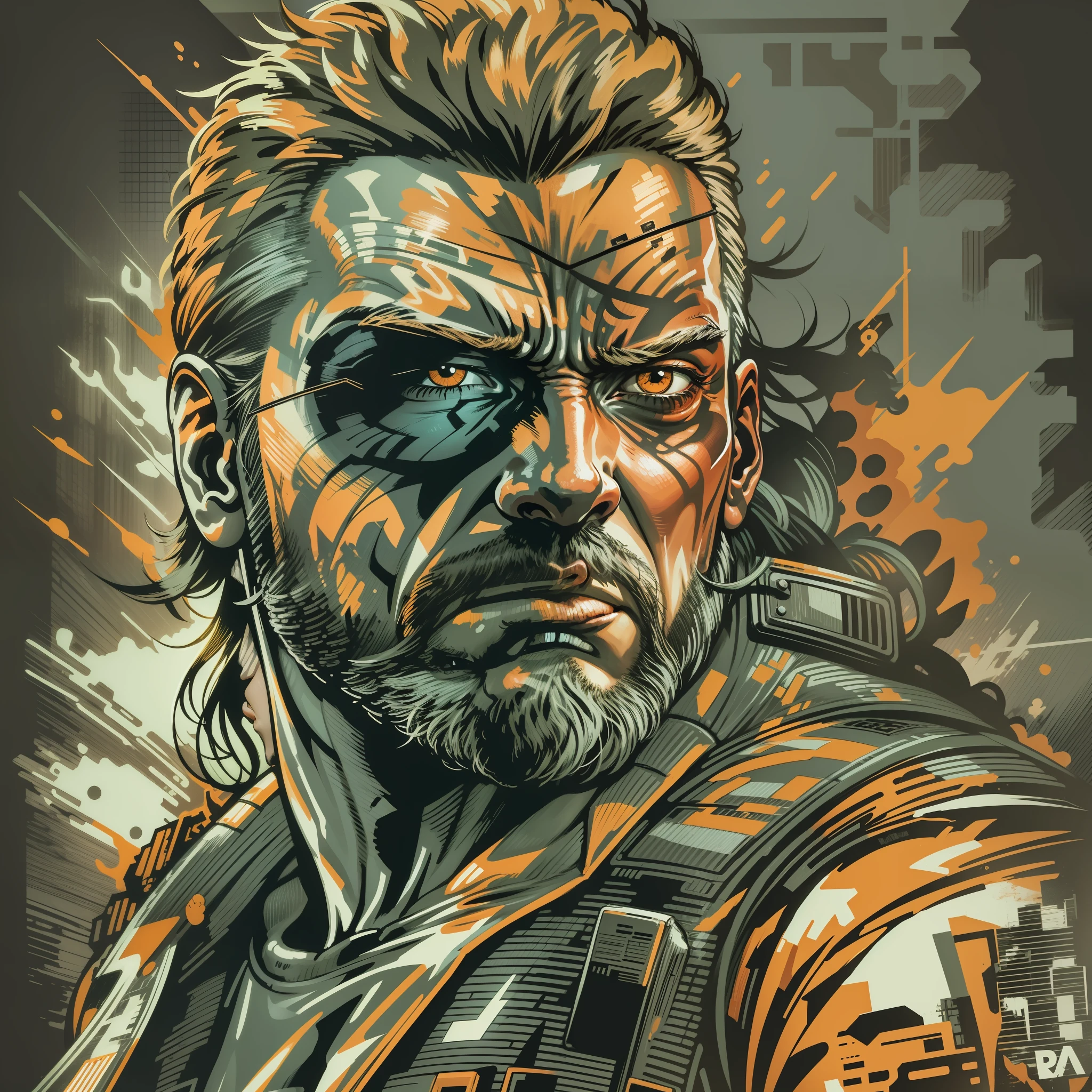 vector t-shirt design ready to print, illustration of BIG BOSS, side view, STICKER, white clean background, pro vector, high detail, t-shirt design, grafitti, vibrant, unreal engine 5, Metal Gear