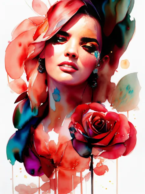 wtrcolor style, (rose) digital art, official art, blown by the wind, masterpiece, beautiful, ((watercolor)), paint splatter, int...