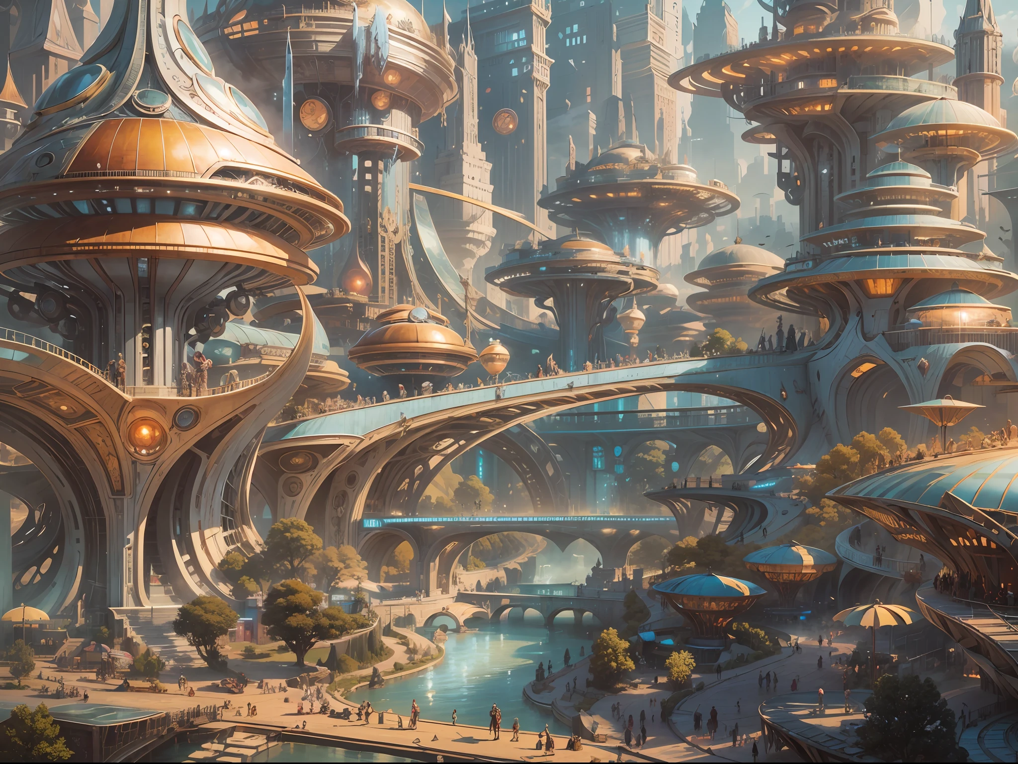 A futuristic cityscape known as Tomorrowland, Featuring an impressive fantastic design building，Silver abounds , Gold and bronze, and cyborgs strolling the streets.