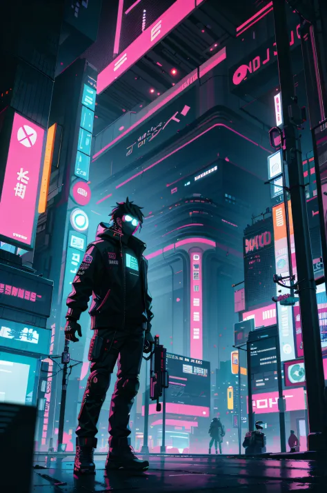 Cyber City com um homem parado no meio da rua, estilo de arte cyberpunk, cyberpunk vibes, Cyberpunk aesthetics, aesthetic cyberpunk, cyberpunk with neon lighting, cyberpunk themed art, vibe cyberpunk, cyberpunk illustration, atmosfera cyberpunk, arte digit...