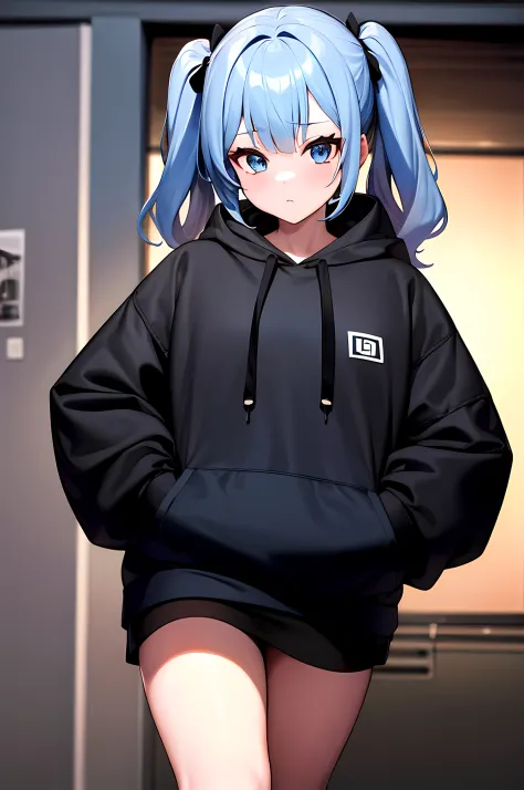 1girl, blue hair, blue eyes, twin tails, black hoodie, black and white skirt, city, absurdres, high res, ultrasharp, 8K, masterpiece, looking at viewer