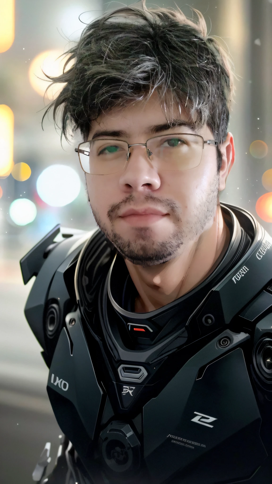 Foto retrato de um homem bonito, olhos perfeitos, em um exosuit mecha usado, ((bokeh claro)), intrincado, (steel metal [ferrugem]), elegante, foco nítido, foto por greg rutkowski, soft-lighting, cores vibrantes, obra-prima, ((ruas)),