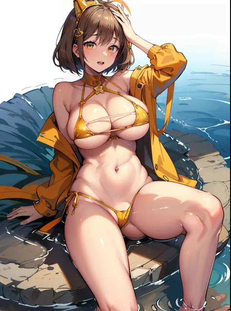 anis_(nikke) 1girl ahoge bangs bare_shoulders beer_can bikini blush breasts brown_hair can clavicle cleavage clothing eyewear_on_head female female_only grin hair_ornament holding holding_can huge_breasts jewelry looking_at_viewer megane navel necklace ope...
