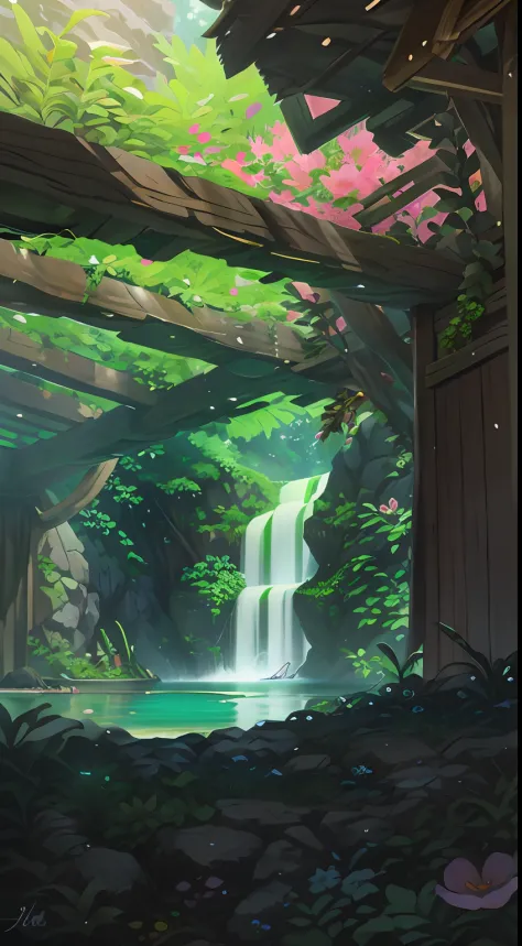 spring, jungle, lake, cave, waterfall, tree, meadow, rock, deer, hot spring, petal, water vapor, (illustration: 1.0), epic composition, realistic lighting, HD detail, masterpiece, best quality, (very detailed CG unified 8k wallpaper)