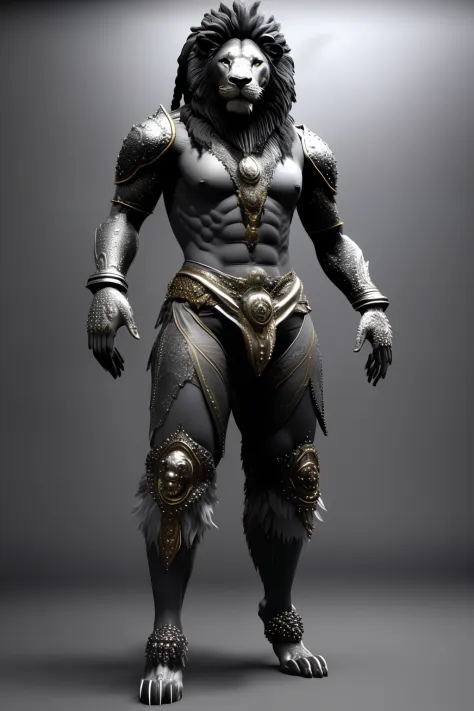 Humanoid lion with silver-gray armor, pele preta em escala de cinza, rugindo, caninos longos, estilo ultra-realista.
