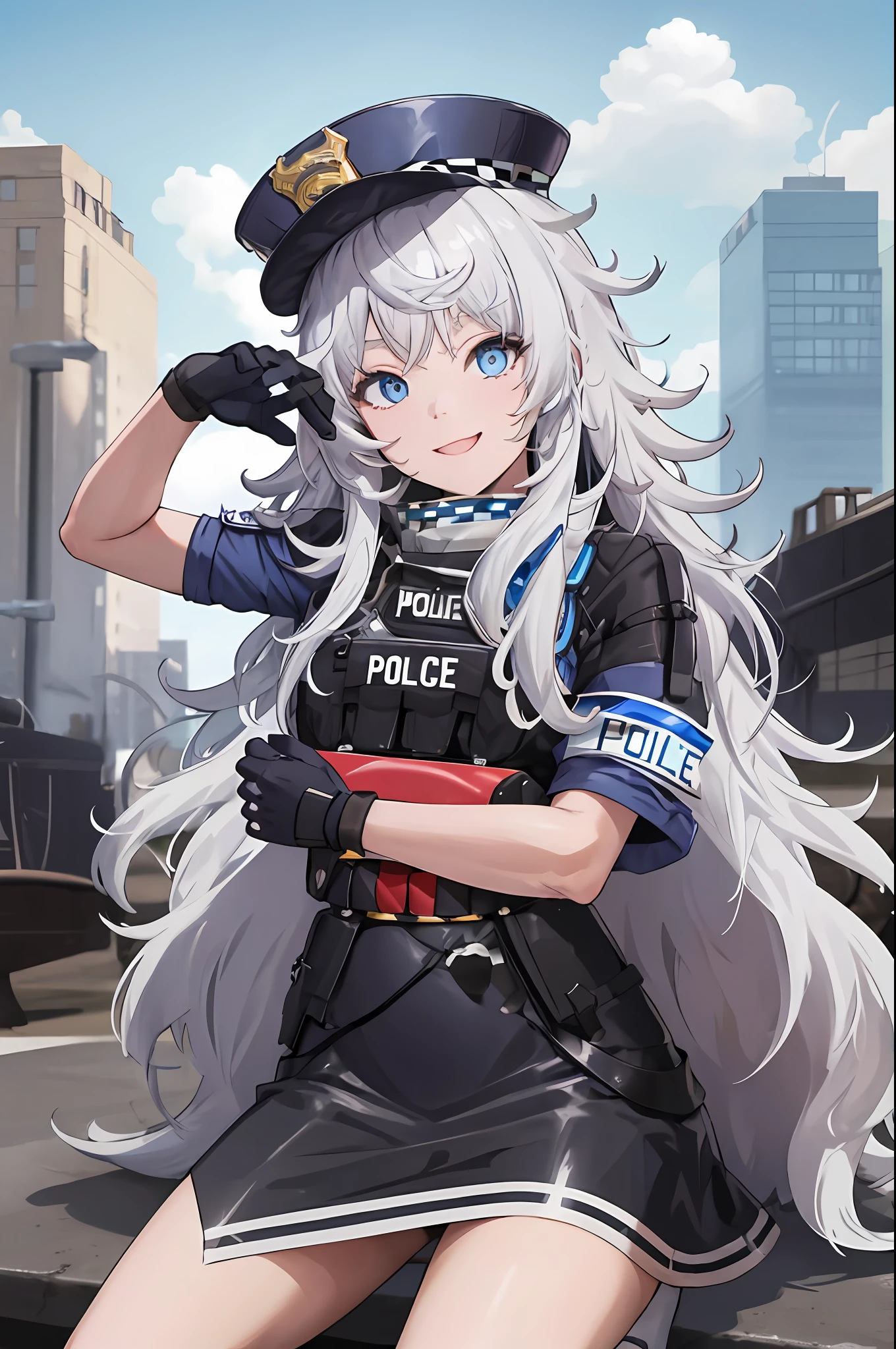 dessus de la table, Meilleure qualité, haute résolution, 1 fille dans, seulement, cheveux longs, a, yeux bleus, cheveux blancs, cheveux en désordre, gants noirs, chaussettes blanches, uniforme de police, jupe noire, manches courtes, tir de cow-boy, sourire,