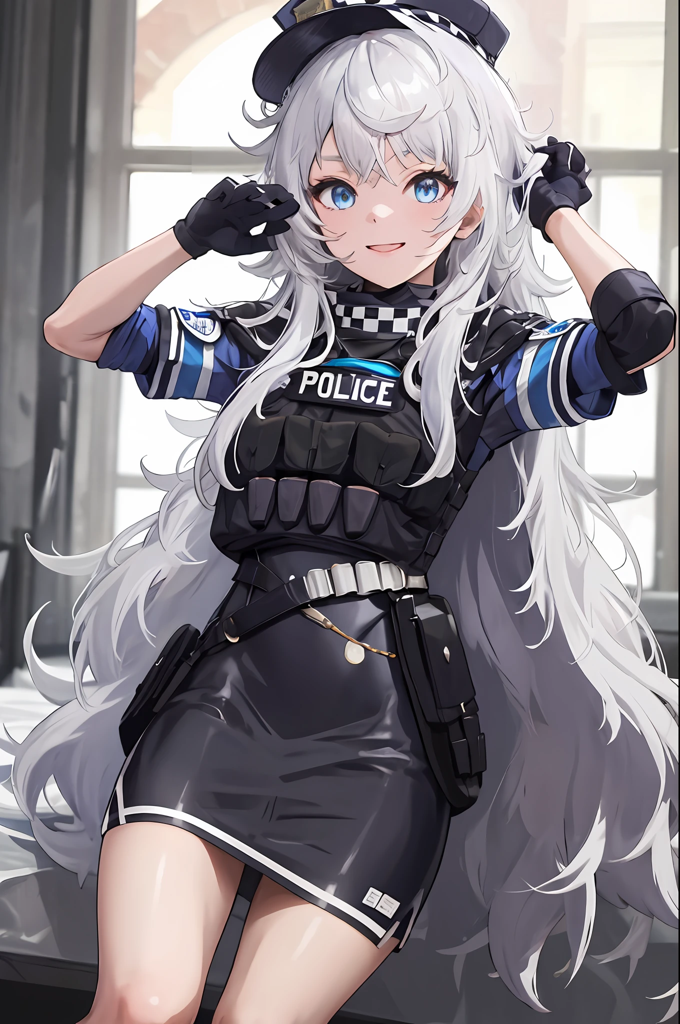 dessus de la table, Meilleure qualité, haute résolution, 1 fille dans, seulement, cheveux longs, a, yeux bleus, cheveux blancs, cheveux en désordre, gants noirs, chaussettes blanches, uniforme de police, jupe noire, manches courtes, tir de cow-boy, sourire,