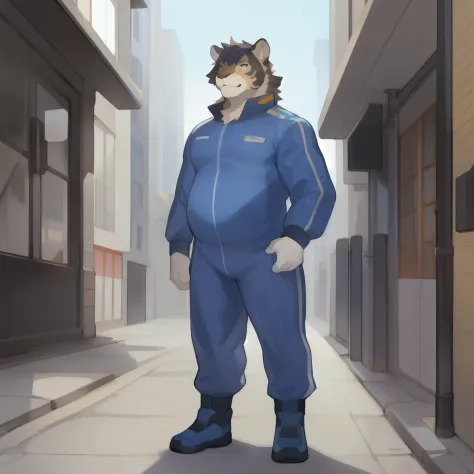 Solo, male, standing, slightly chubby, muscular,  by bebebebebe, (((pantherine))), (hair, snout), street, blue military spacesui...