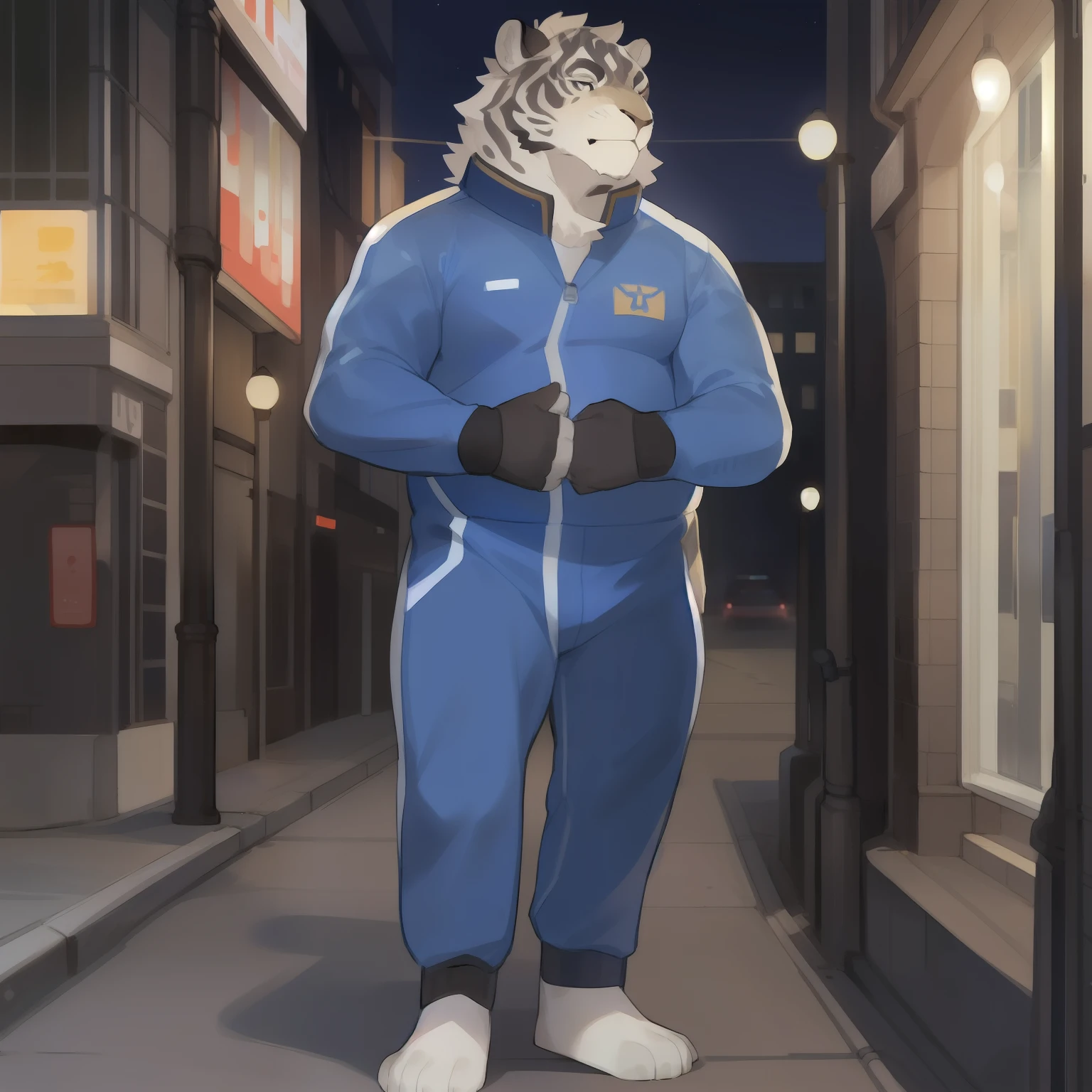 Solo, male, standing, slightly chubby, muscular,  by bebebebebe, (((pantherine))), (hair, snout), street, blue military spacesuit