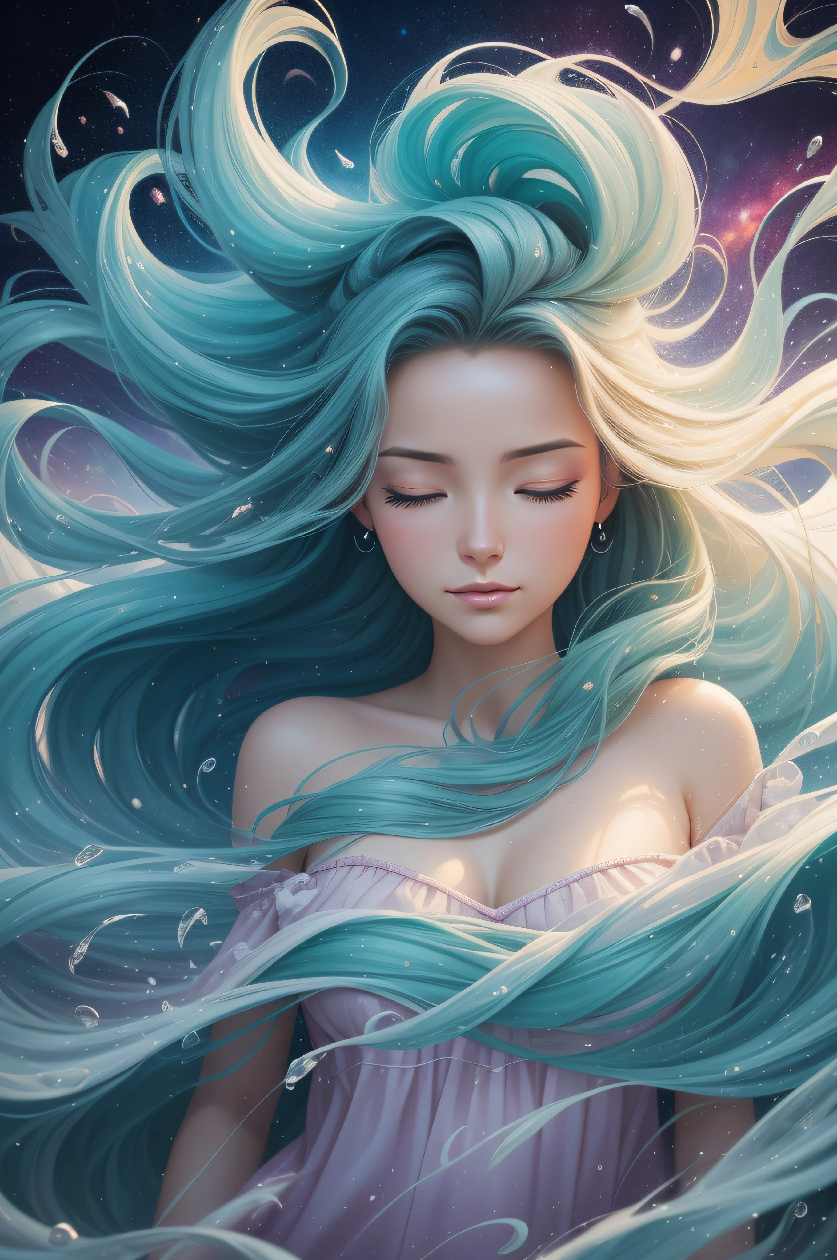 畫一個女人閉著眼睛，頭髮隨風飄揚, softly 旋轉的魔法能量, 引導旋轉能量, 旋轉的魔法能量, 旋轉的水宇宙, 作者：西里爾·羅蘭多, 能量漩渦, 在星界 ) ) ), 夢幻般的數位繪畫, inspired 作者：西里爾·羅蘭多, &#39;迷失在清醒的夢中, 做夢的臉