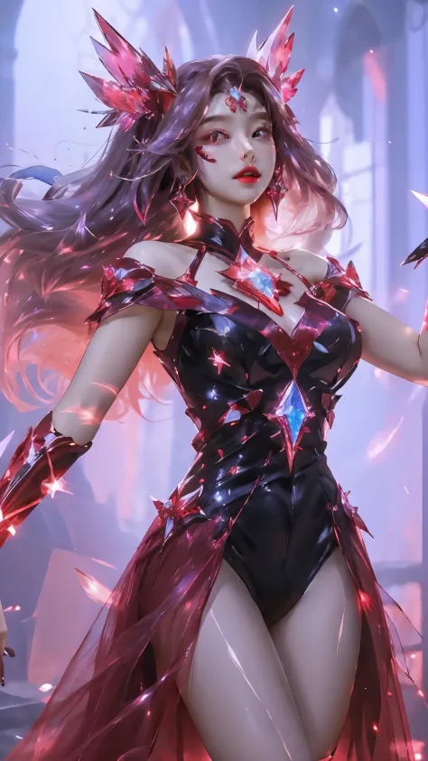 best quality, 1 girl, kda, solo, long hair, red dress, looking at viewer, upper body, red glowing crystal
