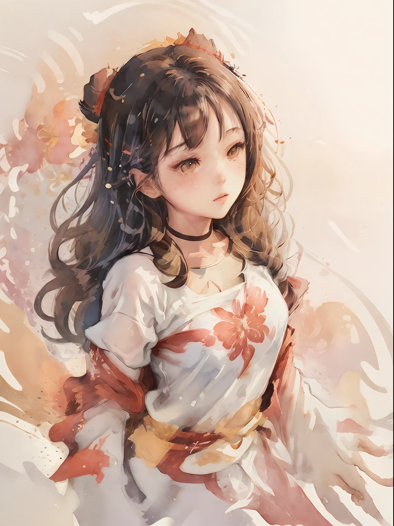 (masutepiece),best quality,Illustration,Art Nouveau,Sumi-e,Portrait,onry_1girl_Face,(White background:1.4),(the Extremely Detailed CG Unity 8K Wallpapers:1.1),(Colorful:0.8),,(Solo:1.2), (Ink splashing),(splashes of colour),((watercolor paiting)),flowers background,Outdoors,boulders,Soft smile,pure,(beautiful),Detailed and complex pattern,colorwater,(Face Focus),Looking at Viewer