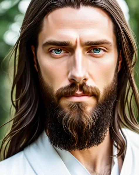 (symmetry),centered,a ((close)) up portrait,(Jesus),a very thin white man with long hair and a beard,wearing a long white robe,3...