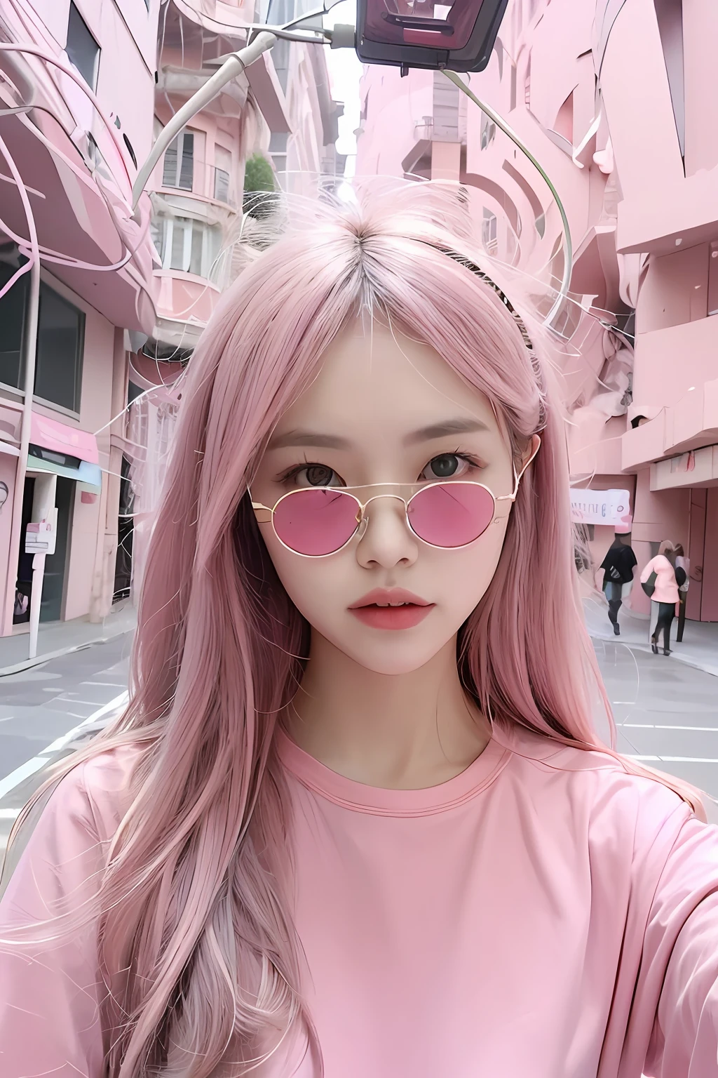 (extra detailed body、extra detailed face、best qualtiy:1.2)、femele、looking at the viewers、(Flashy pink goofy clothes)、(Pink distorted architectural chaos in the background:1.4)Midjourney Worldview、Pink on the head、Round futuristic sunglasses、