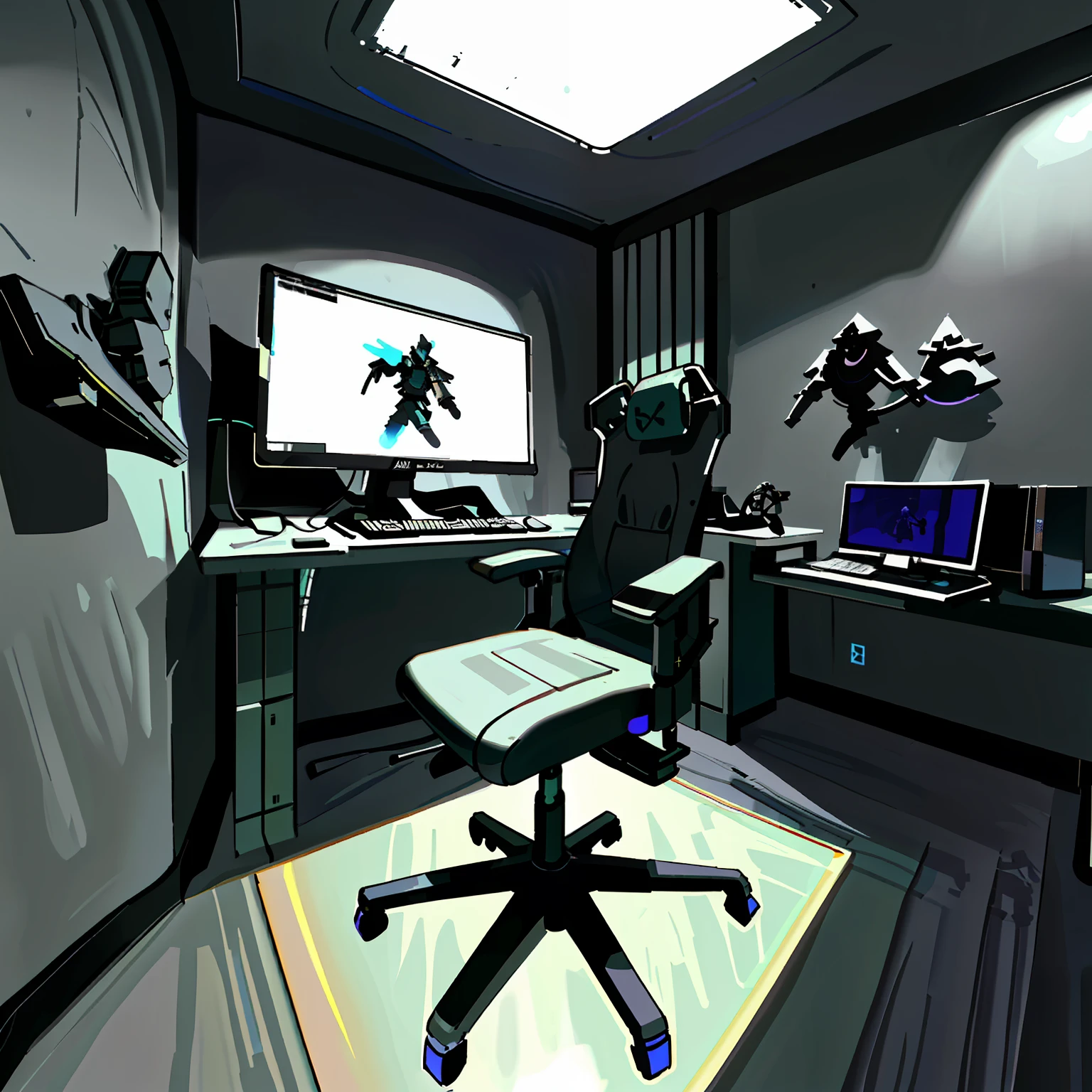 A futuristic gaming room with sleek, minimalistic design, featuring a high-tech gaming setup with multiple monitors, RGB lighting casting vibrant hues throughout the room, ergonomic gaming chair with adjustable controls, and a state-of-the-art virtual reality headset, creating an immersive gaming experience, Photorealistic 3D rendering, using advanced lighting and material techniques to capture the sleekness and futuristic aesthetic, --ar 16:9 --v 5