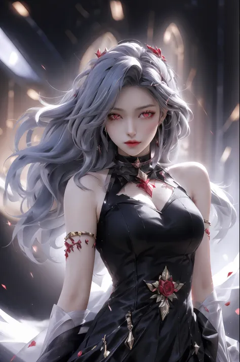 best quality, 1girl, solo, long hair, black dress, looking at viewer, upper body, gray hair, roses in hair, blood red eyes, stretcher missing