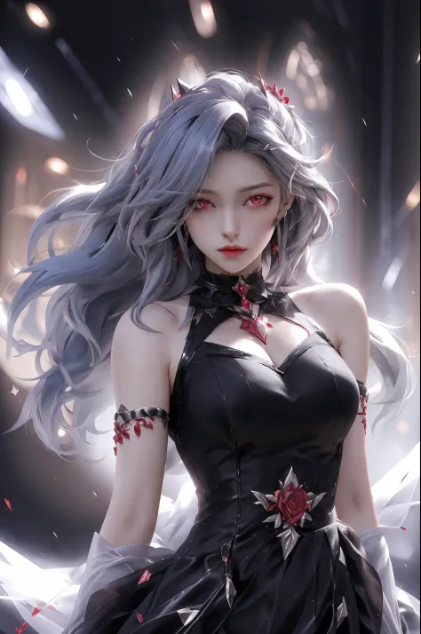 best quality, 1girl, solo, long hair, black dress, looking at viewer, upper body, gray hair, roses in hair, blood red eyes, stretcher missing