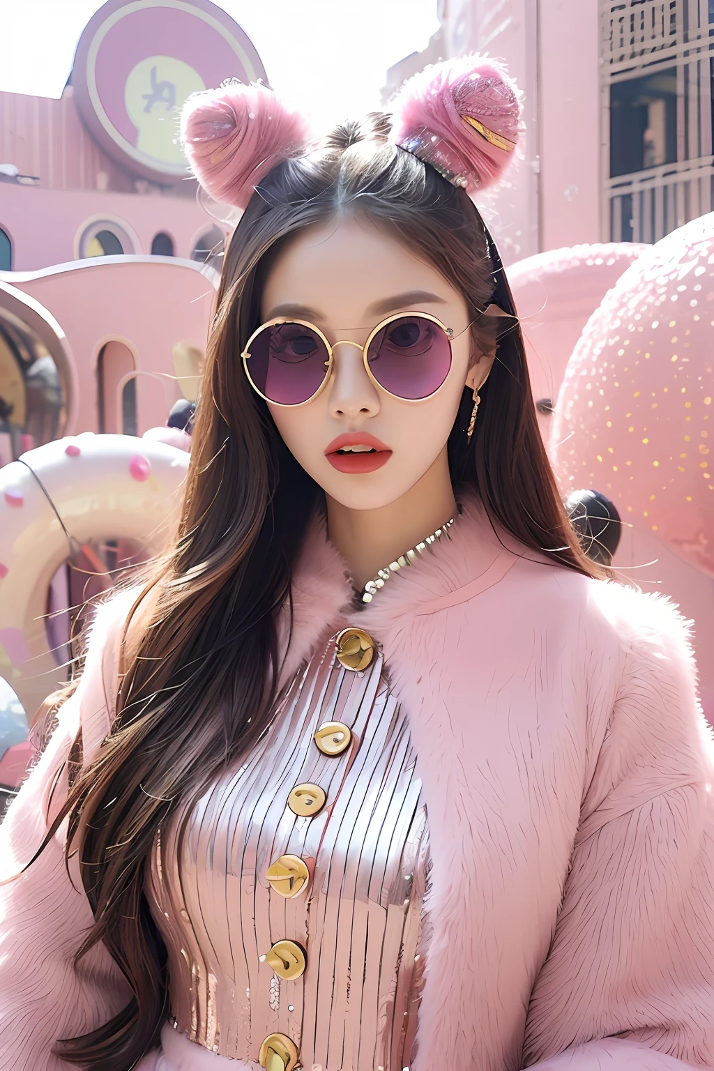 (extra detailed body、extra detailed face、best qualtiy:1.2)、femele、looking at the viewers、(Clothes colorfully decorated with large buttons on a pink base, sequins and fur、Round sunglasses)、(Round pink distorted architectural chaos on background:1.4)