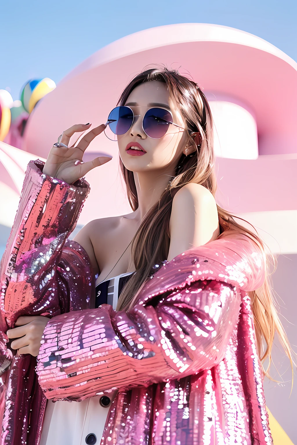 (extra detailed body、extra detailed face、best qualtiy:1.2)、femele、looking at the viewers、(Colorful flashy clothes with pink-based sequins, lots of buttons and fur、Large shoulder-length piercings、Round futuristic sunglasses)、(Pink distorted round architectural mess on background:1.4)、Midjourney Worldview