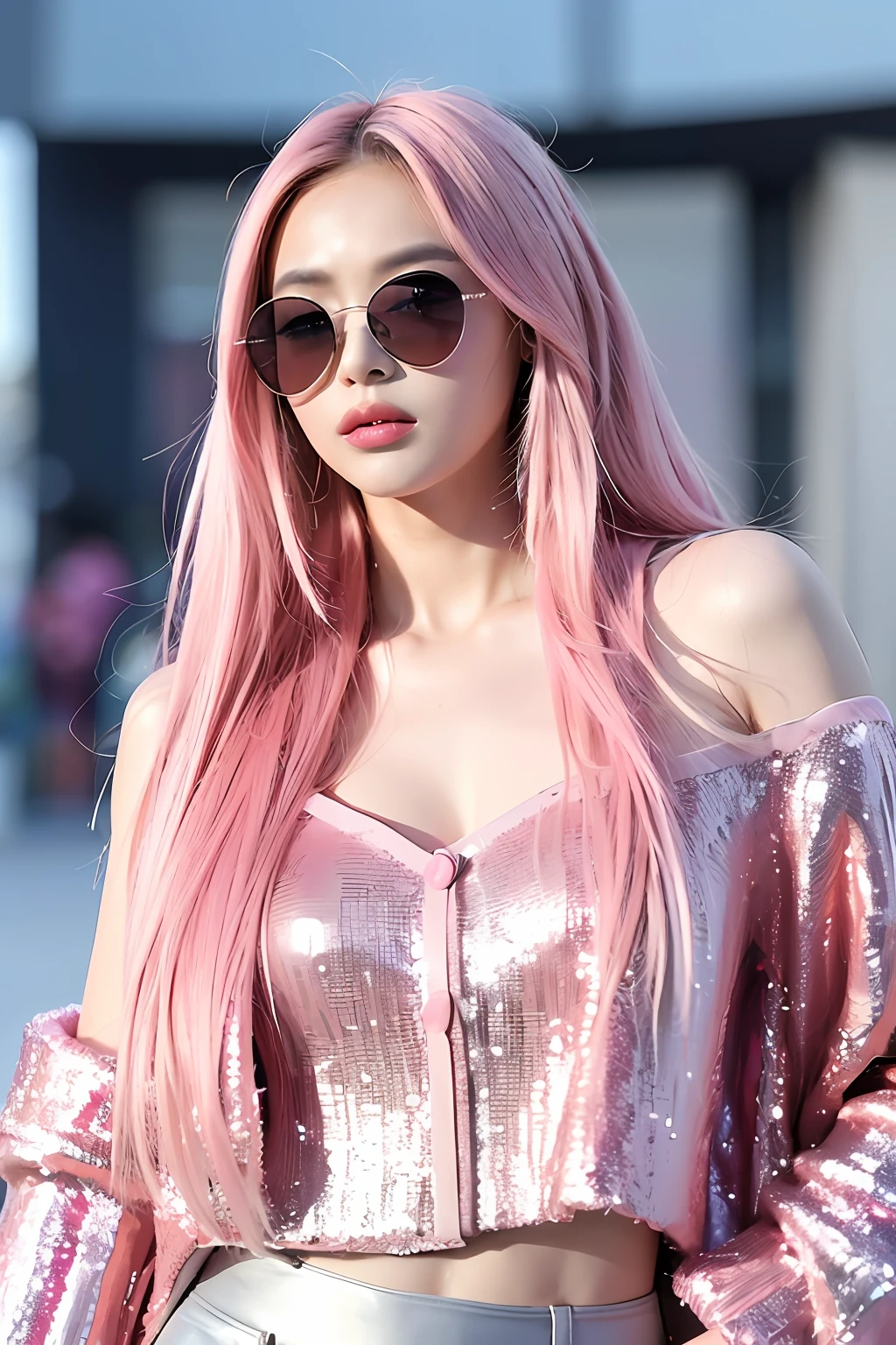 (extra detailed body、extra detailed face、best qualtiy:1.2)、femele、looking at the viewers、(Colorful flashy clothes with pink-based sequins, lots of buttons and fur、Large shoulder-length piercings、Round futuristic sunglasses)、(Pink distorted round architectural mess on background:1.4)、Midjourney Worldview