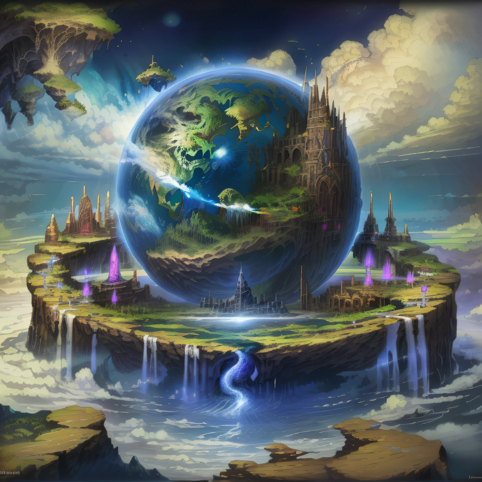 Création du monde dark fantasy par les dieux, principe, Lumière, des eaux, cieux, Terre, éléments de la nature